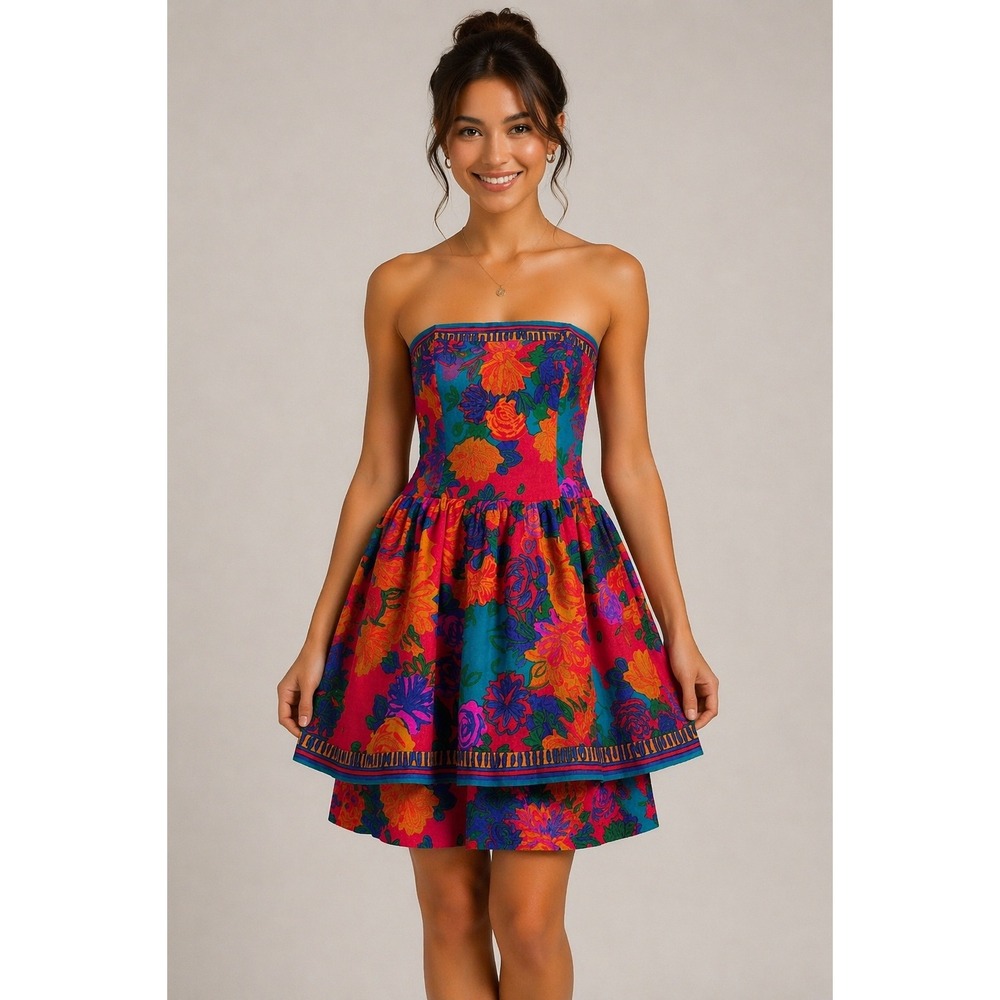 A.J. Bari Silk‎ Dress Floral Strapless Vintage Maximalist Coquette Size 8 Retro